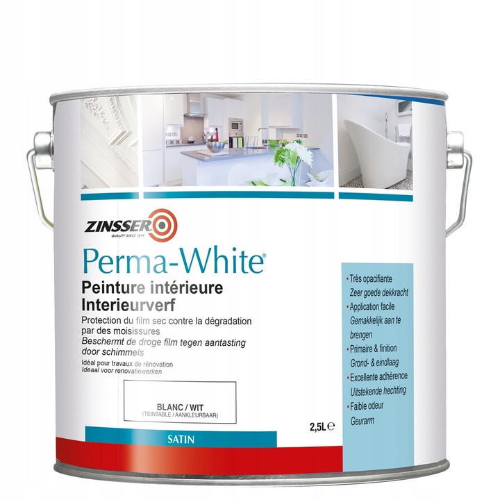 Vopsea anti-mucegai PERMA-WHITE 2,5 l, alb satinat, rezistenta la umiditate, usor de curatat
