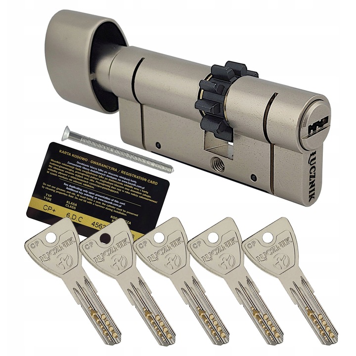 Cilindru lucznik CP Plus 30/40GZ cu buton si roata dintata, satinat