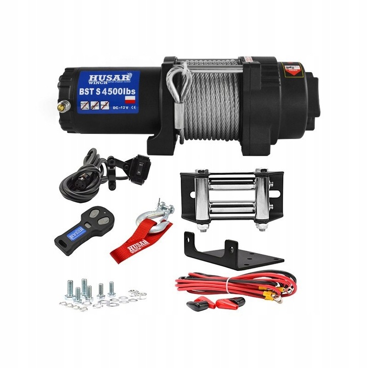 Husar Winch 4500 lbs elektromos csörlő ATV/UTV-hez, 2041 kg, 12 m, 348x114x120 mm, vezeték nélküli távirányítóval