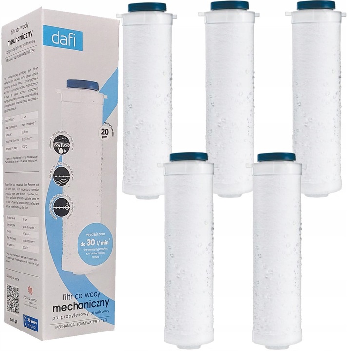 Set 5 filtre polipropilenice pentru apa Dafi, 20 microni, 30 L/min, 248 mm