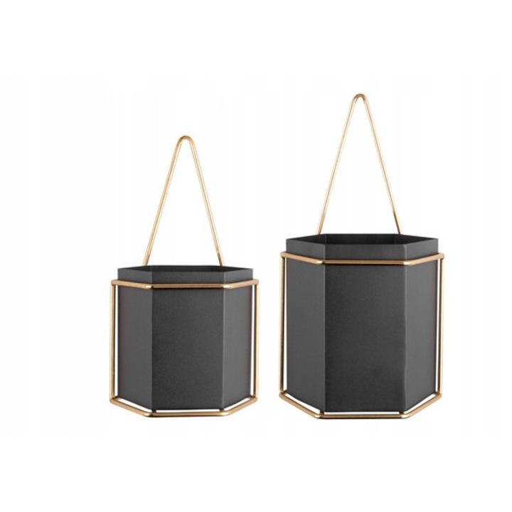 Set suporturi metalice pentru ghivece, Present Time, negru si auriu, 15,5x16cm si 13,5x14cm