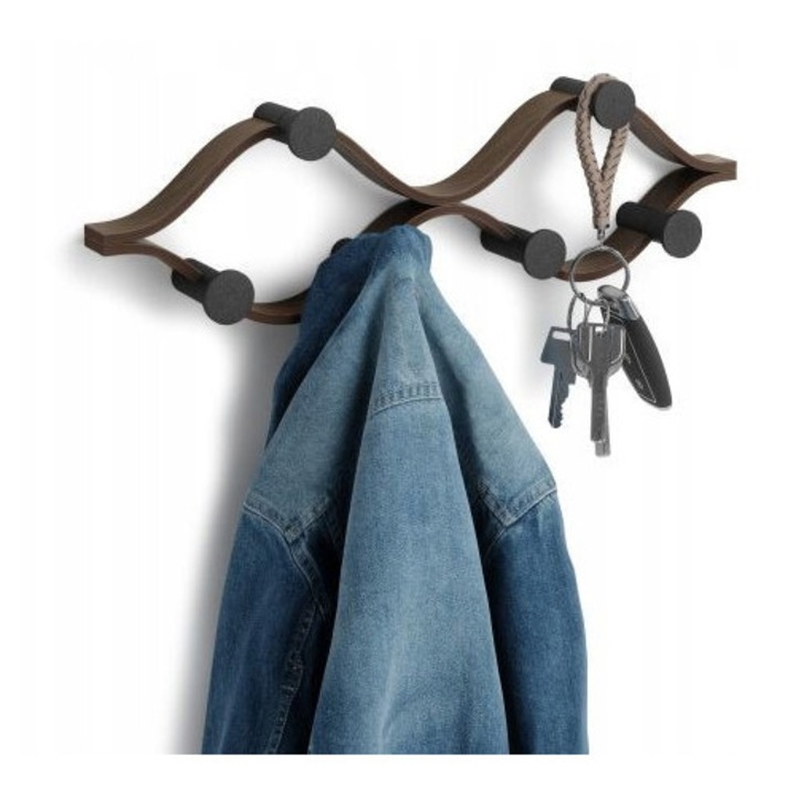 Cuiere din lemn MONTAGE 6, 6 carlige, negru, 51x6x15cm