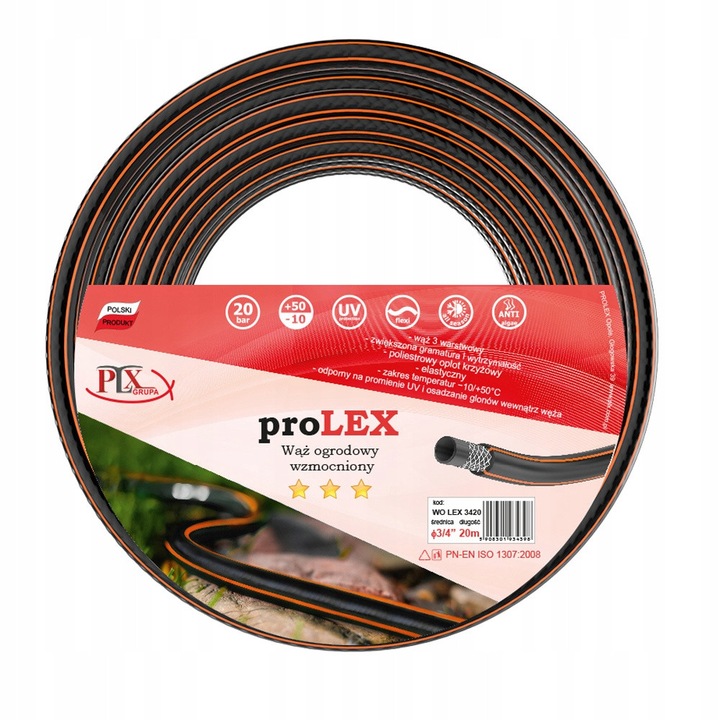 Градински маркуч Prolex 3/4", 20м, черно-оранжев, устойчив на температура, с полиестерна мрежа