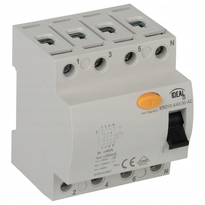 Dispozitiv de protectie diferentiala 4P 40A 30mA 10kA IDEAL, montaj pe sina TH35, dimensiuni 75x72x82mm