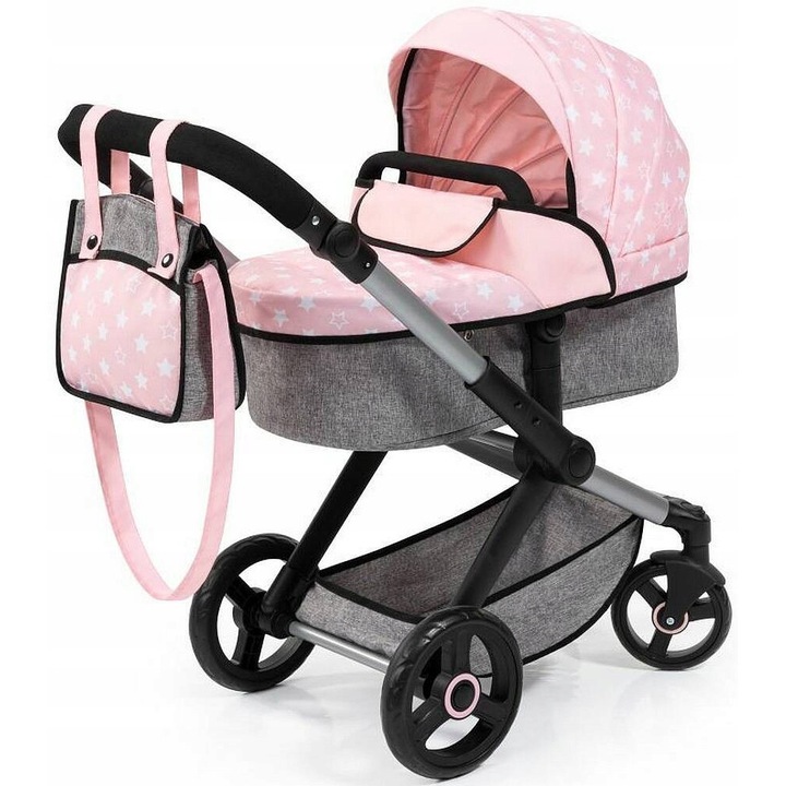 Carucior pentru papusi Bayer XEO 2in1, roz-gri, cu maner reglabil, dimensiuni 68x73x37cm, cu geanta