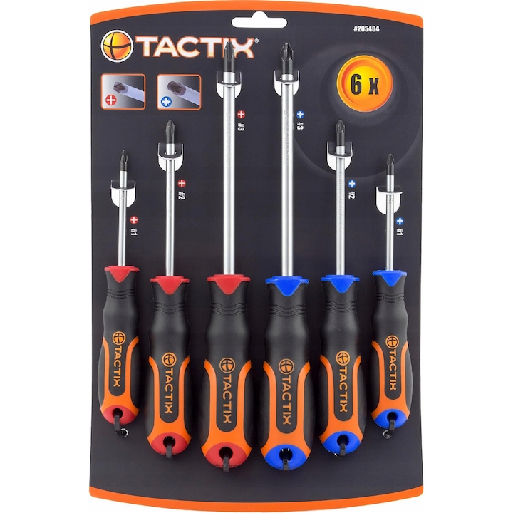 Set 6 surubelnite Phillips si Pozidriv, Tactix, dimensiuni 75x100x150mm, varfuri din otel Cr-V si S2, maner antiderapant