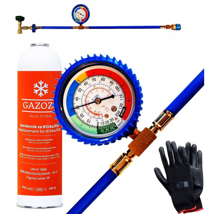 Set umplere agent de racire R134a, Gazozo, 2 valve, manometru, 350g