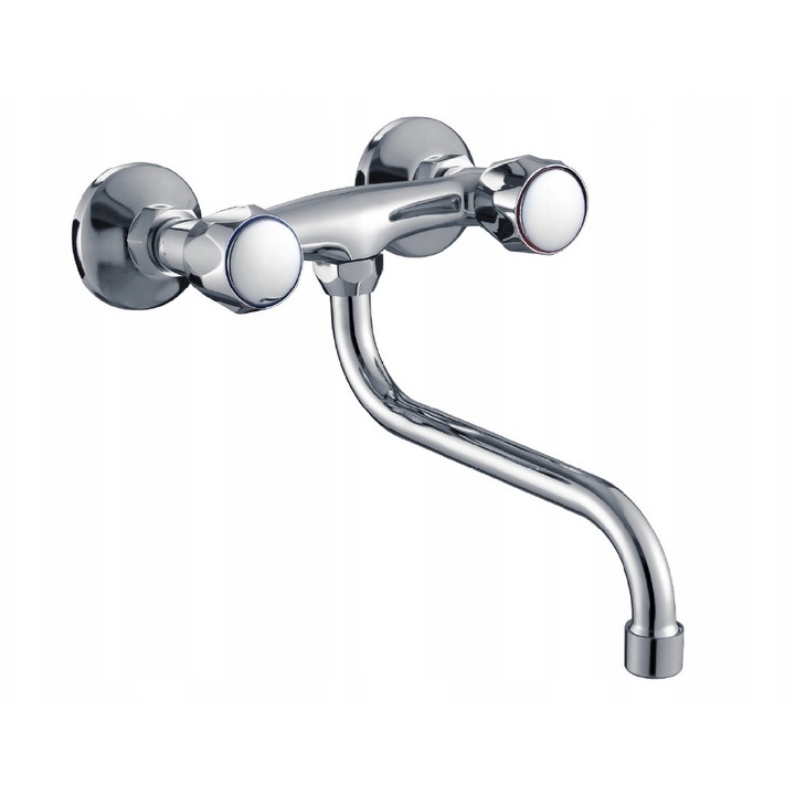 Смесител за мивка за стена Duro Verde Standard D/B-06.04.S-25, подвижен чучур тип S 25 см, керамичен патрон GC12, аератор против варовик, хром