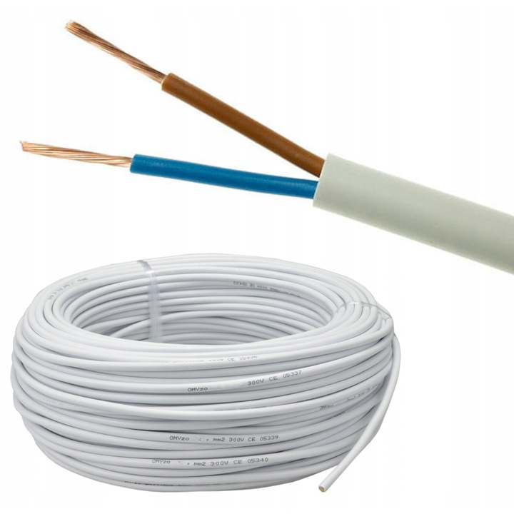 Cablu electric/conductor Mercor OMY 2x1 mm², flexibil, conductori multifilar din cupru, alb, 100 m