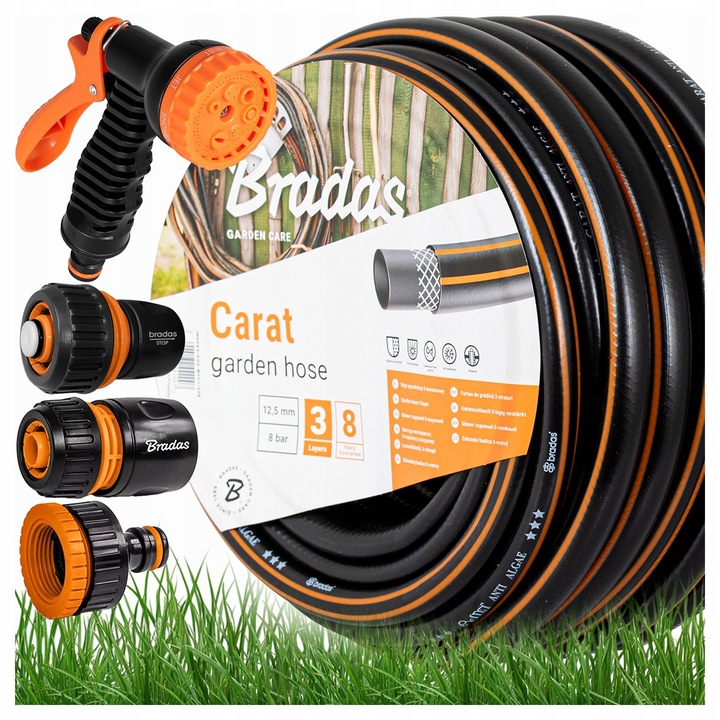 Deco4Home kerti tömlő, 50m, 1/2", 3 rétegű, UV-álló, 4 csatlakozóval és 7 funkciós szórópisztollyal, fekete-narancssárga