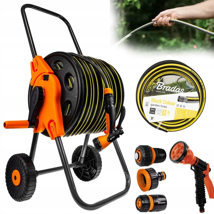 Deco4Home kerti tömlő 20m 1/2", 4 csatlakozó, 7-funkciós szórópisztoly, sárga-fekete