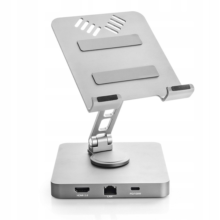 Tablet dokkoló állomás, 10 az 1-ben, USB-C, HDMI, RJ45, ezüst, 11,8x13cm
