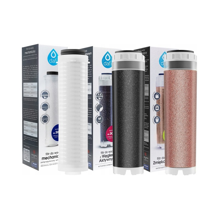 Set filtre apa Dafi, 3 elemente, polipropilen, carbune activ, rasina, 25um, 10 inch