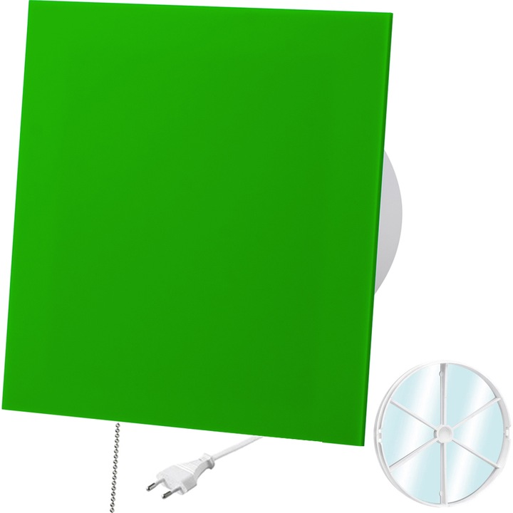 Ventilator de perete/sufit F.H. ANA, verde, 100mm, cu panou decorativ din plexi, cuprinde intrerupator si priza