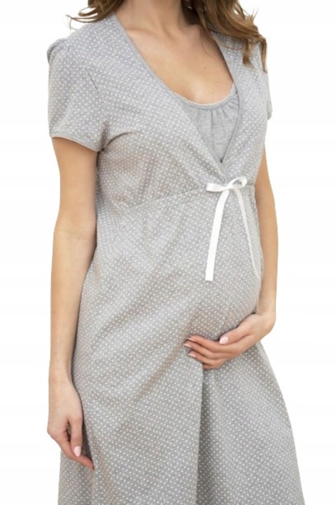 Pijamale dama, set, camasa de noapte si halat, gri, bumbac, pentru alaptare si maternitate