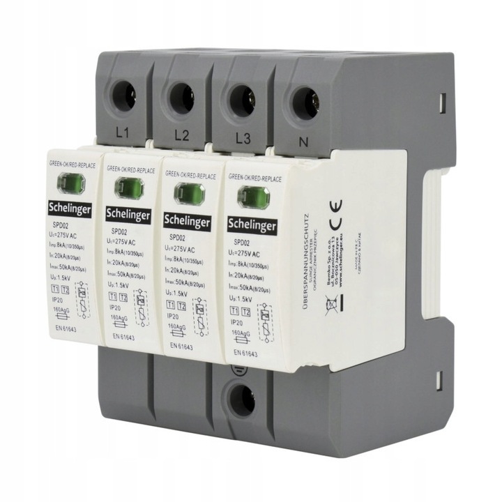 Ograniczitor de supratensiune 4P T1+T2 Schelinger 275V 8kA, instalare pe sina DIN 35mm, pentru case si utilitati publice