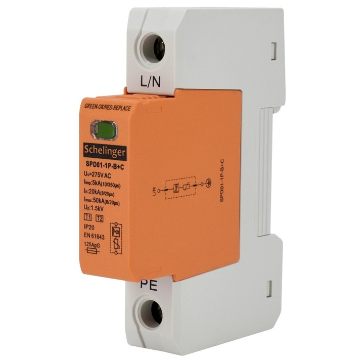 Ogranicznik de supratensiune 1P T1+T2, 8 kA, 4 module, Schelinger