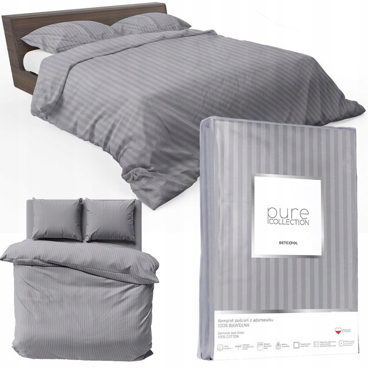 Lenjerie de pat Deco4Home Pure Collection, bumbac adamaszk, gri, 200x220x70x80cm, set 3 piese