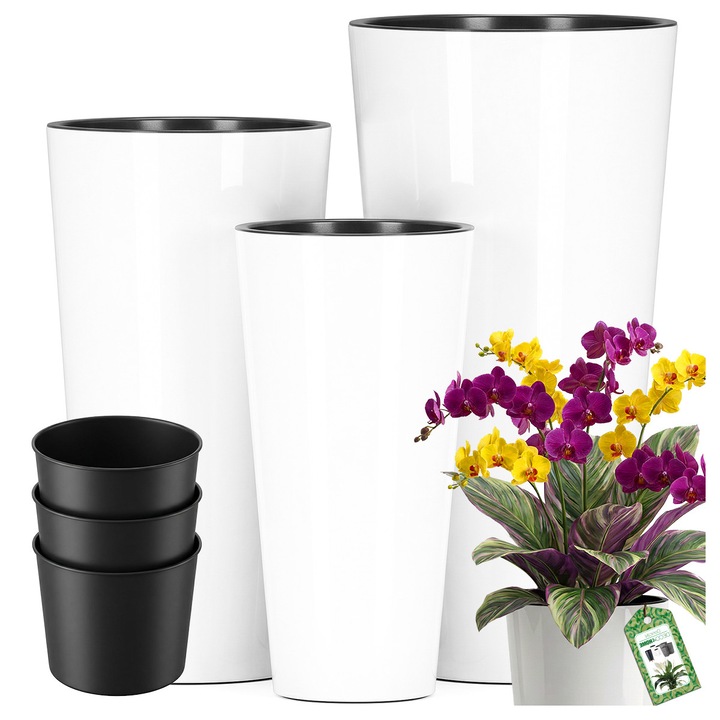 Set 3x Ghiveci Alb Lucios cu Incuietori, Dimensiuni: 38x20cm, 48x24cm, 57,5x30cm