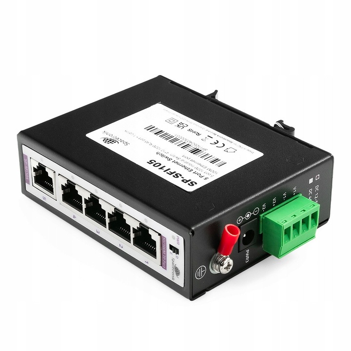 Switch Ethernet Spacetronik SP-SFI105, 4x10/100M + 1x100M uplink, montaj pe sina DIN, protectie IP40, negru, 1 buc