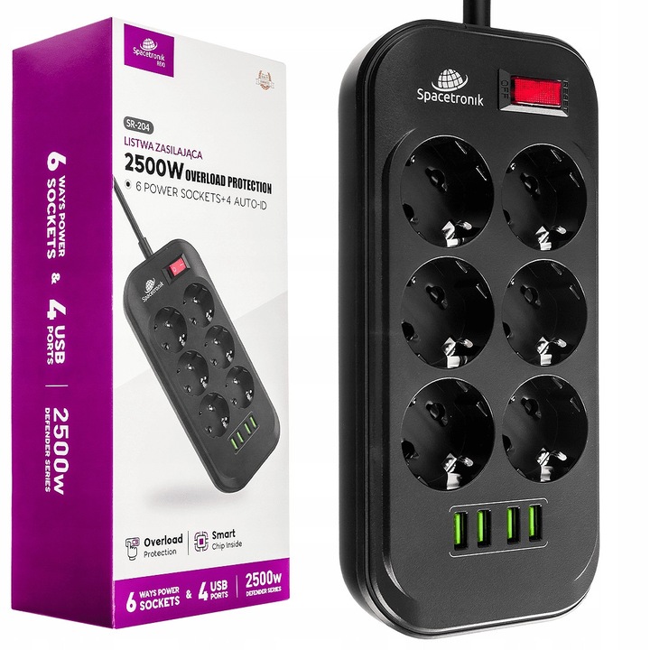 Разклонител Spacetronik SR-204, 6 AC контакта, 4 USB-A порта, 2м, черен