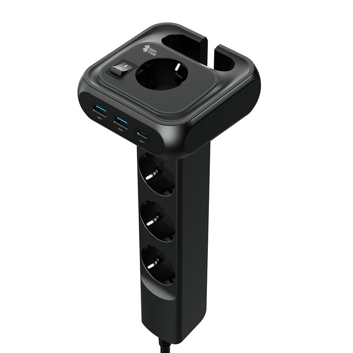 Разклонител Spacetronik 4xAC 3xUSB, със защита от пренапрежение, черен