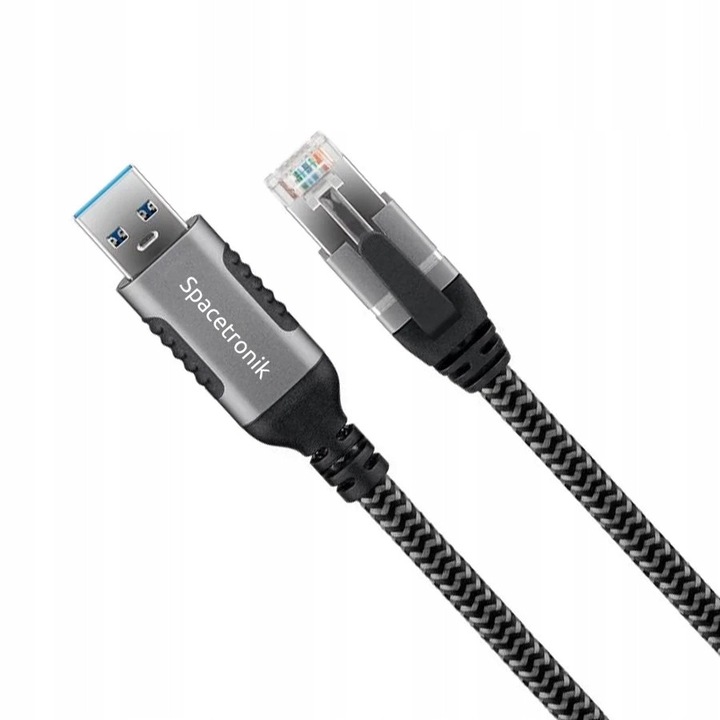 Адаптер USB-A към RJ45 Spacetronik KULAN_SPA100, с вградена мрежова карта, USB 3.0, CAT6a, 1 Gb/s, плетен кабел, черен/сив, 10м