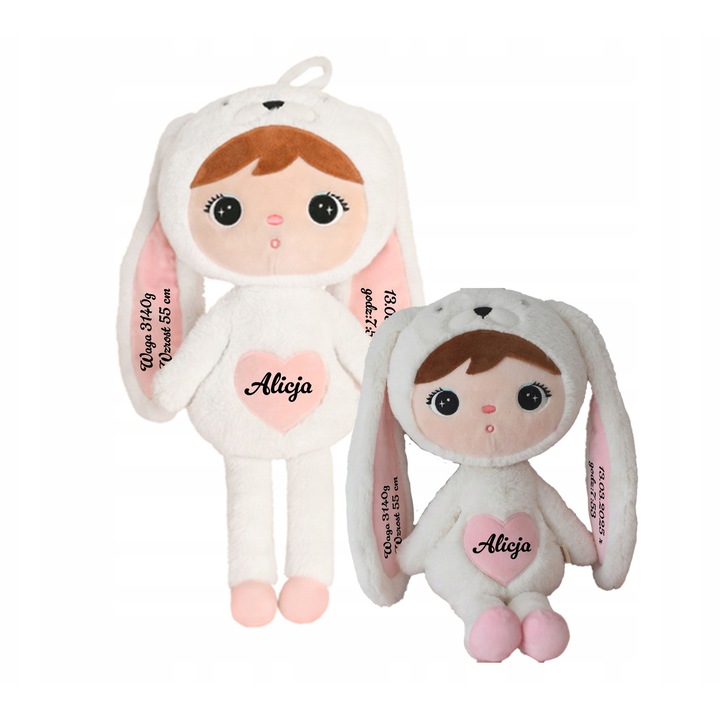Lala Metoo Krolik, 50 cm, alb cu accente roz, personalizabil, set cadou