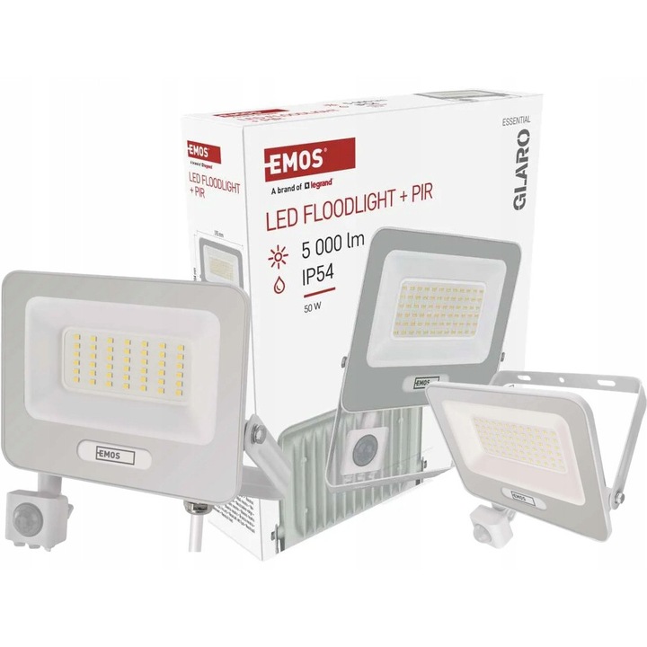 LED прожектор Emos GLARO 50W, 5000 lm, със сензор за движение PIR, бял, 193x204x58mm