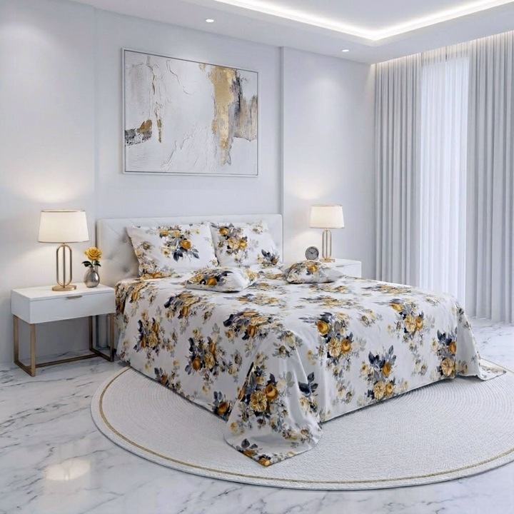 Lenjerie de pat cu model floral, Casa Bumbac Textil by Edural, 6 piese, cearsaf de pat 240×260 cm, 100% bumbac ranforce