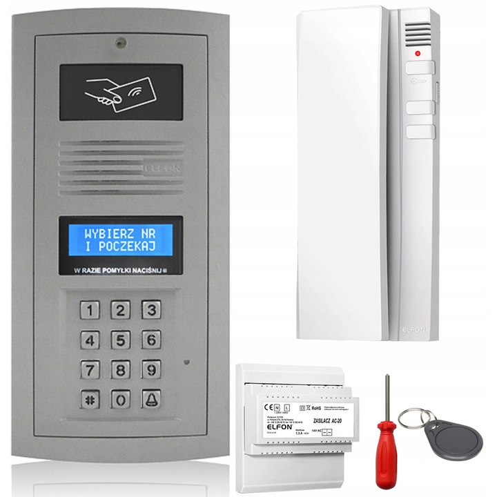 Set interfon Elfon OP-255R-R, unifon OP-U7, digital cu cititor RFID si breloc 125kHz, suport pana la 255 utilizatori, montaj pe suprafata, gri/alb, 1 set