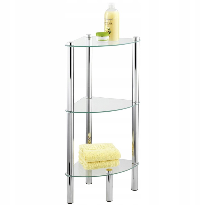 Raft coltar Yago, 3 polite din sticla, metal cromat, 30x74x30cm, argintiu