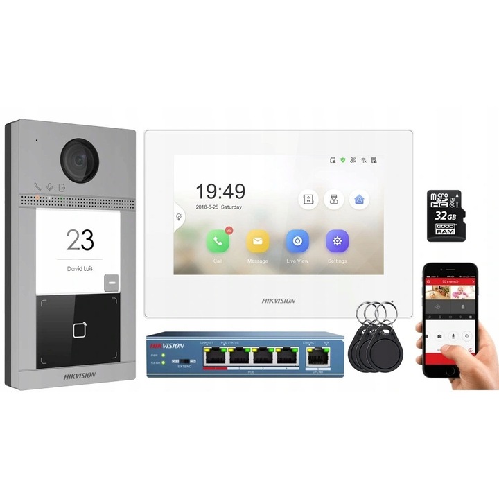 Комплект видеодомофон IP Hikvision DS-KIS604-S-W, бял, 7" тъчскрийн, 32GB, WiFi
