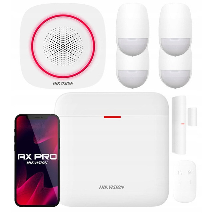 Sistem de alarma fara fir Hikvision AX PRO DS-PWA64-KIT-WE, cu WiFi si GSM, pana la 64 de dispozitive, sirena interna 110 dB, 4x senzor miscare PIR rezistent la animale, contact magnetic, Alb, Set start