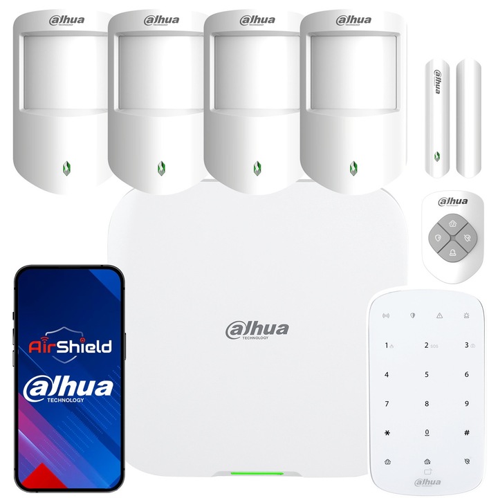 Sistem alarma wireless Dahua AirShield ARC3800H, cu 4x detectoare PIR si contact magnetic, comunicatie Wi‑Fi/LTE/Ethernet, aplicatie cloud si baterie de rezerva 12h, Alb, Set complet