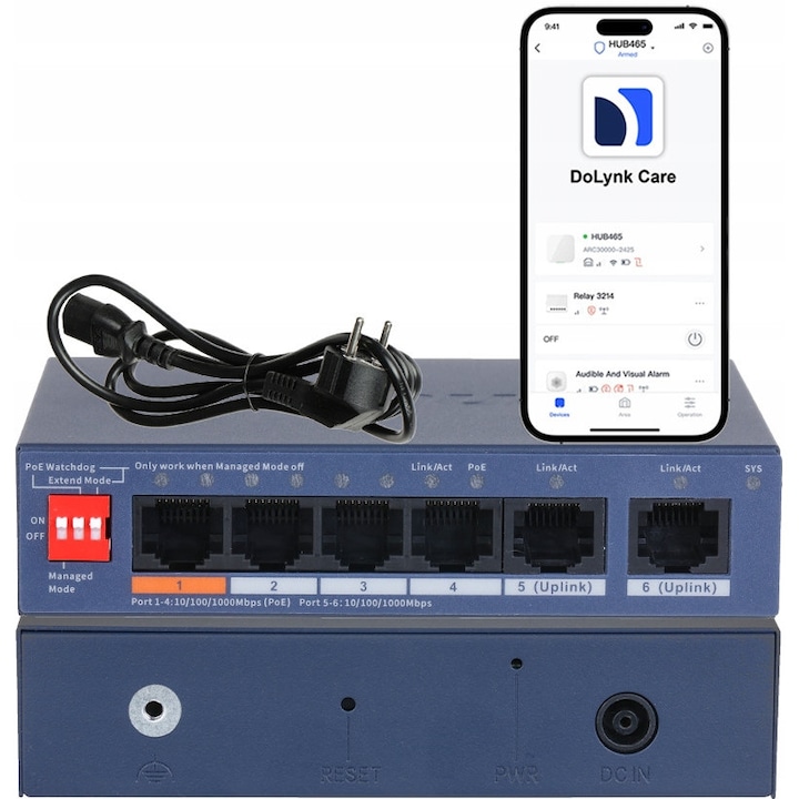 Switch PoE Dahua CS4006-4ET2GT-60, 6 порта (4 PoE: 1 Hi-PoE + 3 PoE 802.3af/at), 2 uplink Gigabit, обща PoE мощност 60W, управляем DoLynk Cloud, Син, 1 бр