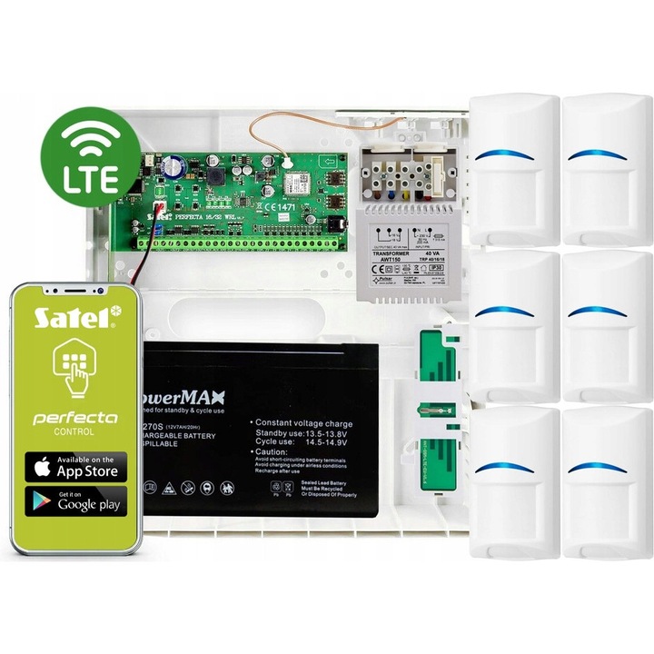 Комплект аларма Satel Perfecta 16 LTE, 6 сензора за движение Bosch, мобилно приложение, 2 зони, 230V AC