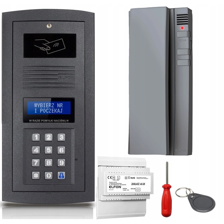 Set Interfon digital Elfon OP-255R-G, panou cu cititor RFID si tastatura numerica, 4 unifonuri OP-U7-3 albe, alimentator AC-20, breloc RFID, grafit/alb, 1 set