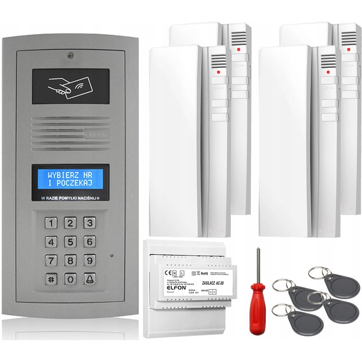 Set interfon digital ELFON OP-255R-R cu 4 unifoni OP-U7 albi, RFID, gri