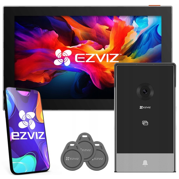 Videointerfon IP Ezviz CP7, rezolutie 2K, instalare 2-fire, Wi-Fi si aplicatie mobila, cititor RFID cu 3 brelocuri, negru/argintiu, 1 set