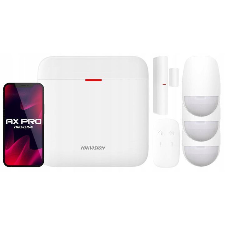 Set alarma wireless Hikvision AX PRO DS-PWA64-KIT, centrala DS-PWA64-L-WE cu WiFi si GSM, 3x detector PIR rezistent la animale 30kg, contact magnetic, telecomanda, Alb, 1 set