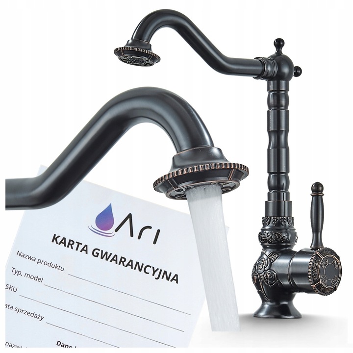 Retro mosdó csaptelep, Ari, antik, fekete, perlátorral, 360°-ban forgatható