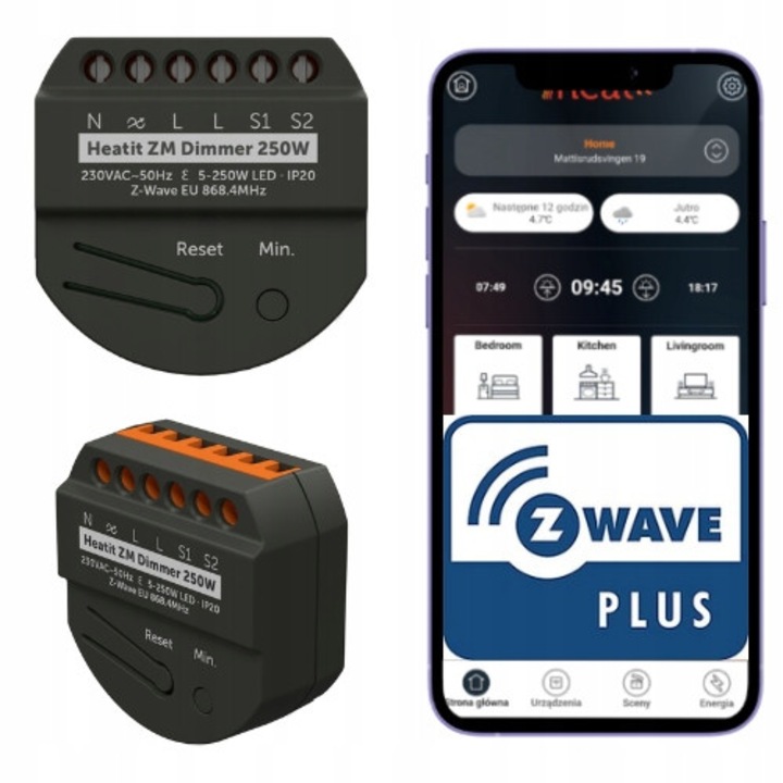 Kit Smart Home Heatit Dimmer 250W Z-Wave, masurare energie, alb