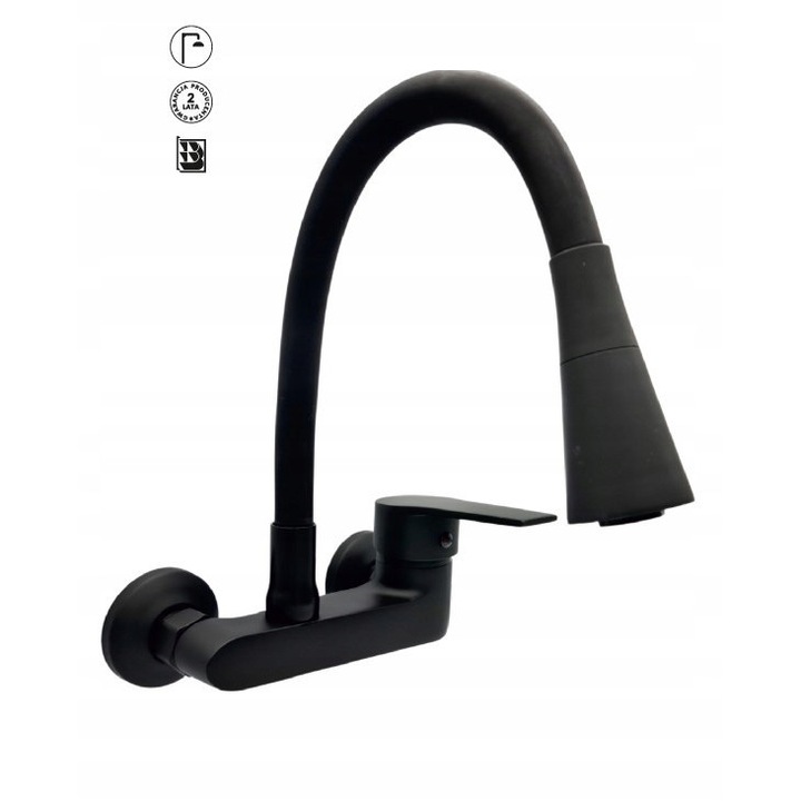 Liveno ARM-VERO-BLAC fali mosogató csaptelep, rugalmas és forgatható kifolyócső, matt fekete, 400mm
