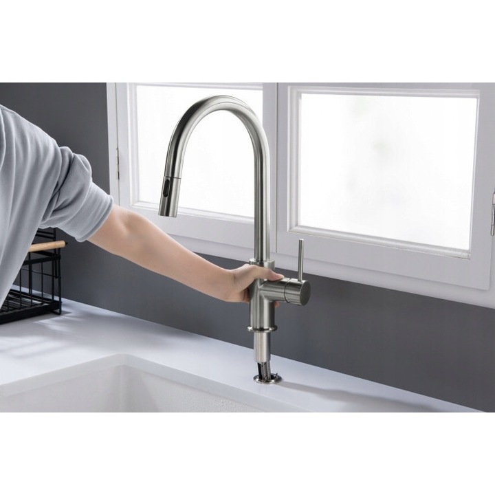 Смесител за кухня Blue Water Plaza plus, с изтеглящ се чучур, стоманено покритие, въртящ се на 360°, 3/8"