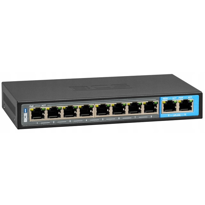 Switch PoE 8 porturi BCS-B-SP0802, 2 uplink, 10/100Mbps, 96W, 184x94x27mm