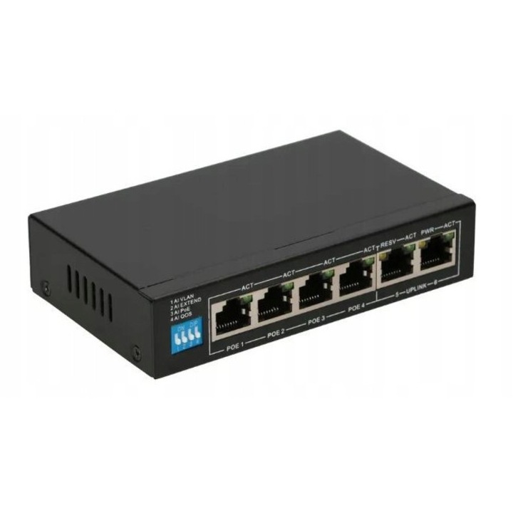 Неуправляем комутатор, 4 PoE порта, 2 uplink, 60W, 100Mbps, 125x75x27mm, черен