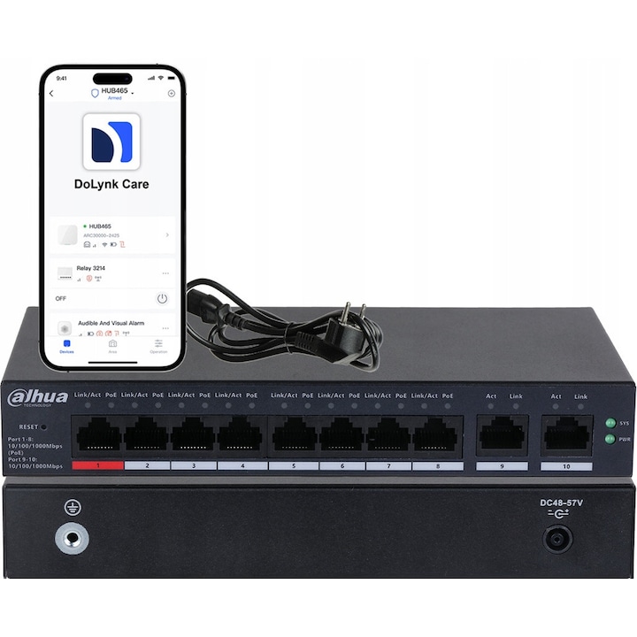 PoE menedzselt switch 8xPoE + 2x Uplink 10/100/1000Mbps Dahua, 190x106x30mm