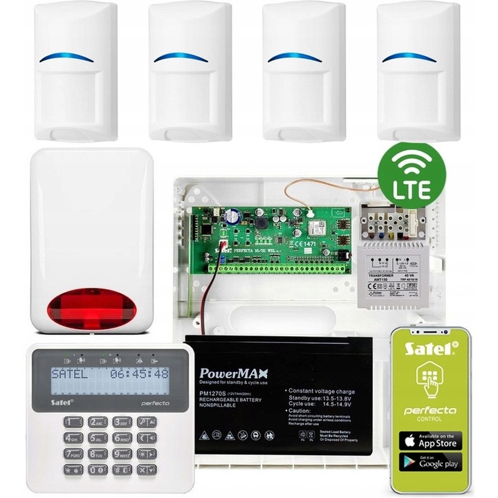 Sistem alarma Satel Perfecta 16 LTE, пълен комплект, 4 сензора Bosch, LTE комуникация, 8-16 входа, 2 зони, 12V, 266x286x100mm