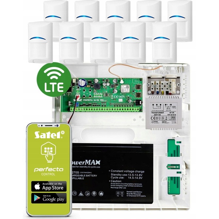 Алармена система Satel Perfecta 16 LTE, 10 сензора за движение Bosch, LTE антена, монтажна кутия, бял